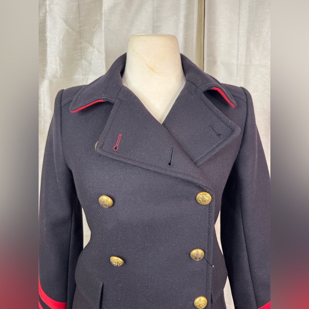 Zara Women's Double-Breasted Navy Coat with Red Accents - Picture 3 of 12
